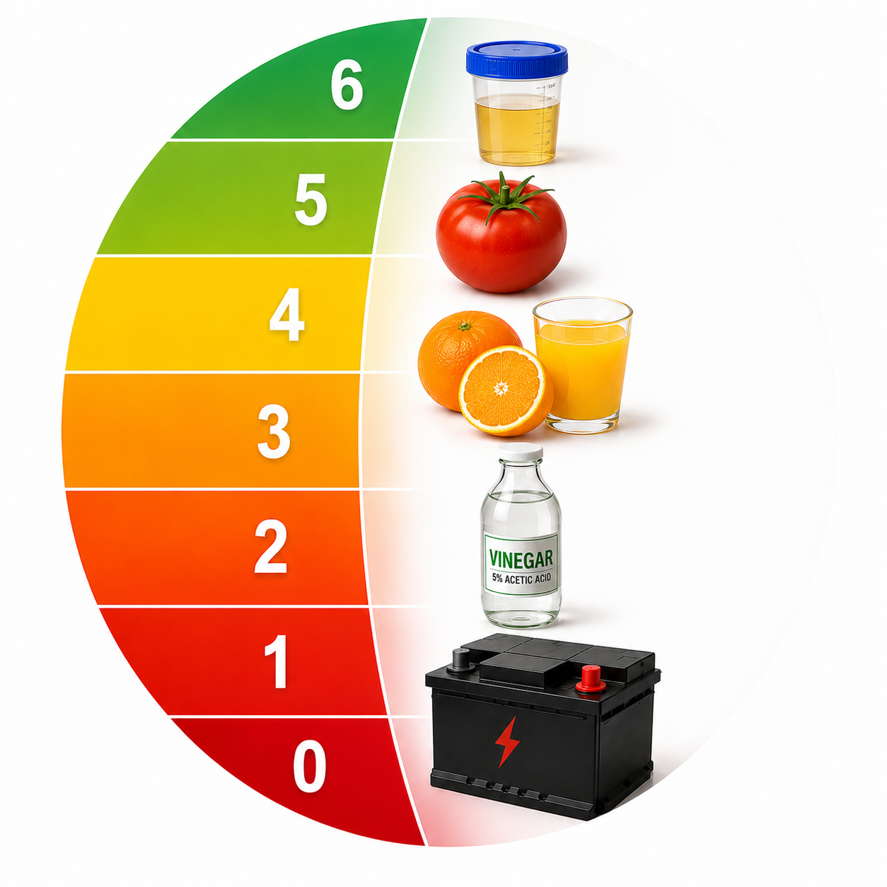 Various acids next to a pH scale